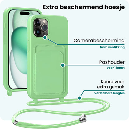 Forterra iPhone 14 Pro Hoesje Met Telefoonkoord en Pasjeshouder Siliconen - Groen