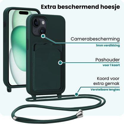 Forterra iPhone 15 Plus Hoesje Met Telefoonkoord en Pasjeshouder Siliconen - Donkergroen
