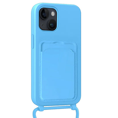 Forterra iPhone 14 Hoesje Met Telefoonkoord en Pasjeshouder Siliconen - Lichtblauw