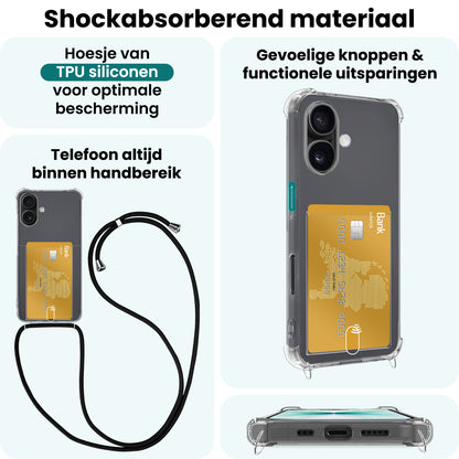 Forterra iPhone 17 Hoesje Kaarthouder met Koord Backcover Shockproof - Transparant