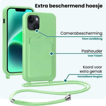 Forterra iPhone 14 Plus Hoesje Met Telefoonkoord en Pasjeshouder Siliconen - Groen