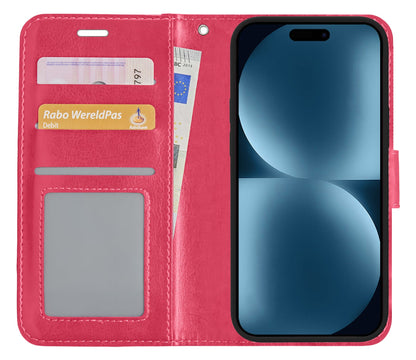Forterra iPhone 15 Pro Max Hoesje Bookcase Cover met Kaarthouder - Donkerroze