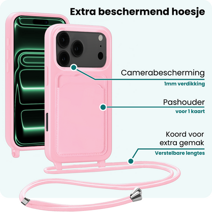 Forterra iPhone 17 Pro Max Hoesje Met Telefoonkoord en Pasjeshouder Siliconen - Lichtroze