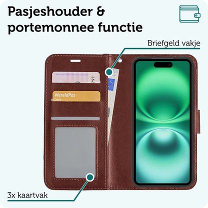 Forterra iPhone 16 Hoesje Bookcase Cover met Kaarthouder - Bruin