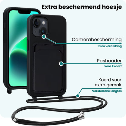 Forterra iPhone 14 Plus Hoesje Met Telefoonkoord en Pasjeshouder Siliconen - Zwart