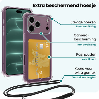 Forterra iPhone 18 Pro Hoesje Kaarthouder met Koord Backcover Shockproof - Transparant