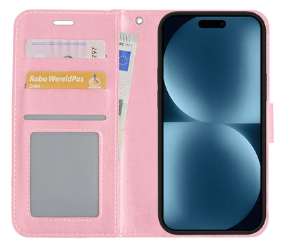 Forterra iPhone 15 Hoesje Bookcase Cover met Kaarthouder - Lichtroze