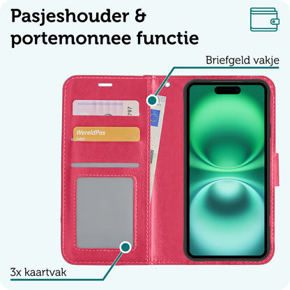 Forterra iPhone 16 Hoesje Bookcase Cover met Kaarthouder - Donkerroze