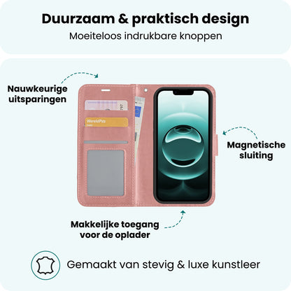 Forterra iPhone 16e Hoesje Bookcase Cover met Kaarthouder - Rosé goud