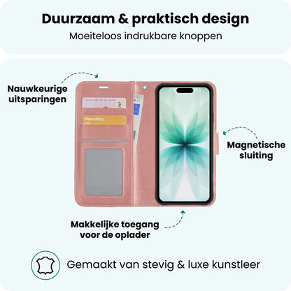 Forterra iPhone 17 Hoesje Bookcase Cover met Kaarthouder - Rosé goud