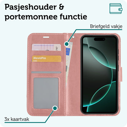 Forterra iPhone 16 Pro Max Hoesje Bookcase Cover met Kaarthouder - Rosé goud