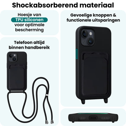 Forterra iPhone 14 Plus Hoesje Met Telefoonkoord en Pasjeshouder Siliconen - Zwart