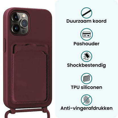Forterra iPhone 15 Pro Max Hoesje Met Telefoonkoord en Pasjeshouder Siliconen - Aubergine