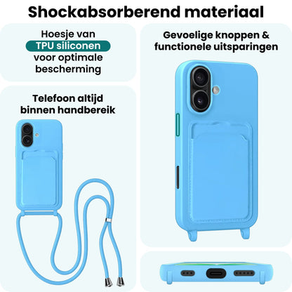 Forterra iPhone 17 Hoesje Met Telefoonkoord en Pasjeshouder Siliconen - Lichtblauw