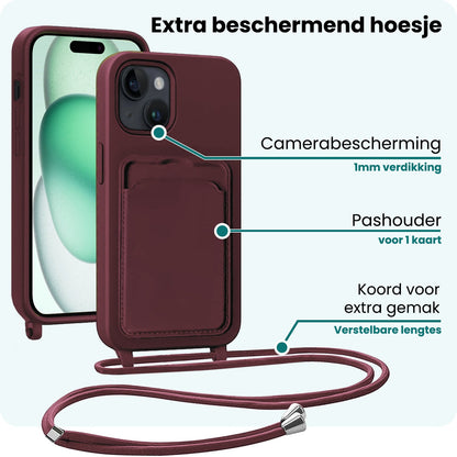 Forterra iPhone 15 Hoesje Met Telefoonkoord en Pasjeshouder Siliconen - Aubergine