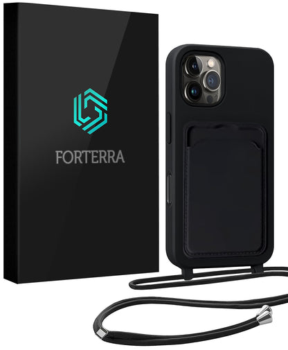 Forterra iPhone 16 Pro Hoesje Met Telefoonkoord en Pasjeshouder Siliconen - Zwart
