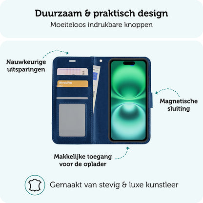 Forterra iPhone 16 Hoesje Bookcase Cover met Kaarthouder - Donkerblauw