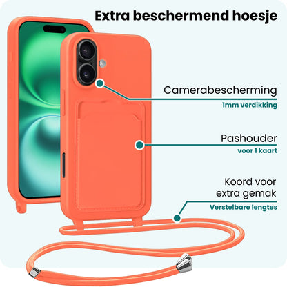 Forterra iPhone 16 Plus Hoesje Met Telefoonkoord en Pasjeshouder Siliconen - Papaya