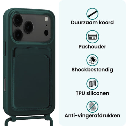 Forterra iPhone 17 Pro Hoesje Met Telefoonkoord en Pasjeshouder Siliconen - Donkergroen