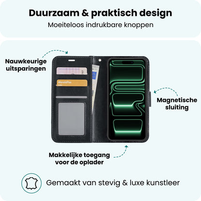 Forterra iPhone 17 Pro Max Hoesje Bookcase Cover met Kaarthouder - Zwart