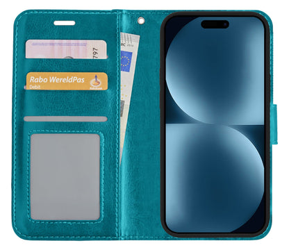 Forterra iPhone 15 Hoesje Bookcase Cover met Kaarthouder - Turquoise