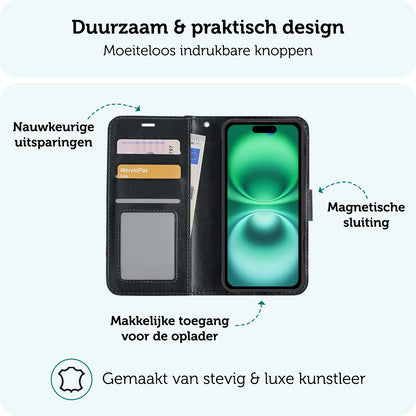 Forterra iPhone 16 Plus Hoesje Bookcase Cover met Kaarthouder - Zwart