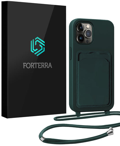Forterra iPhone 14 Pro Hoesje Met Telefoonkoord en Pasjeshouder Siliconen - Donkergroen