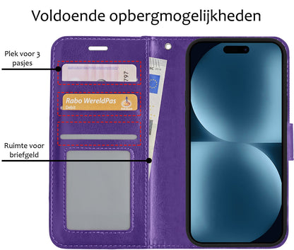 Forterra iPhone 15 Hoesje Bookcase Cover met Kaarthouder - Paars