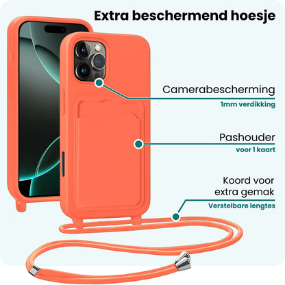 Forterra iPhone 16 Pro Hoesje Met Telefoonkoord en Pasjeshouder Siliconen - Papaya