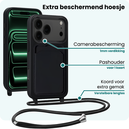 Forterra iPhone 17 Pro Max Hoesje Met Telefoonkoord en Pasjeshouder Siliconen - Zwart