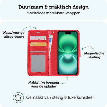 Forterra iPhone 16 Hoesje Bookcase Cover met Kaarthouder - Rood