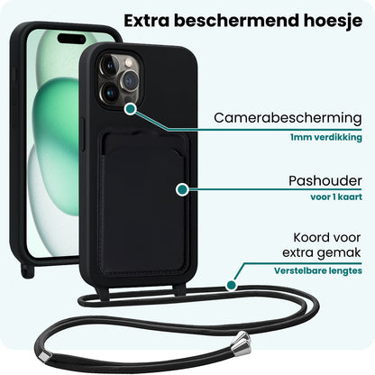 Forterra iPhone 15 Pro Hoesje Met Telefoonkoord en Pasjeshouder Siliconen - Zwart