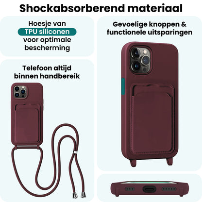 Forterra iPhone 14 Pro Max Hoesje Met Telefoonkoord en Pasjeshouder Siliconen - Aubergine
