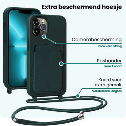 Forterra iPhone 13 Pro Hoesje Met Telefoonkoord en Pasjeshouder Siliconen - Donkergroen