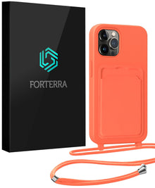 Forterra iPhone 15 Pro Hoesje Met Telefoonkoord en Pasjeshouder Siliconen - Papaya