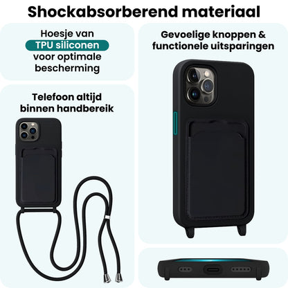 Forterra iPhone 13 Pro Hoesje Met Telefoonkoord en Pasjeshouder Siliconen - Zwart