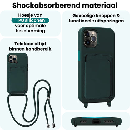 Forterra iPhone 13 Pro Hoesje Met Telefoonkoord en Pasjeshouder Siliconen - Donkergroen