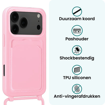 Forterra iPhone 17 Pro Max Hoesje Met Telefoonkoord en Pasjeshouder Siliconen - Lichtroze