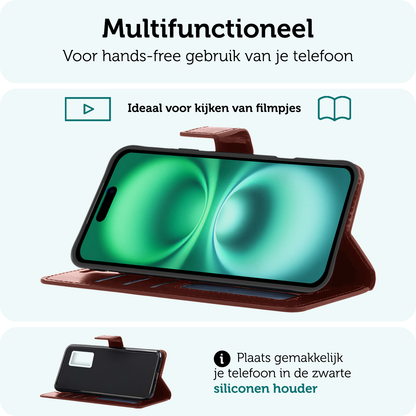 Forterra iPhone 16 Hoesje Bookcase Cover met Kaarthouder - Bruin