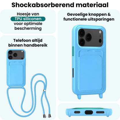 Forterra iPhone 17 Pro Max Hoesje Met Telefoonkoord en Pasjeshouder Siliconen - Lichtblauw