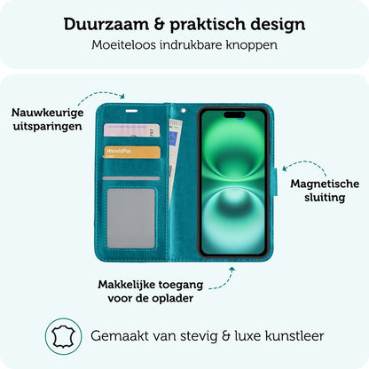Forterra iPhone 16 Plus Hoesje Bookcase Cover met Kaarthouder - Turquoise