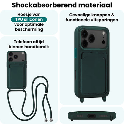 Forterra iPhone 17 Pro Hoesje Met Telefoonkoord en Pasjeshouder Siliconen - Donkergroen
