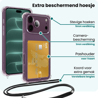 Forterra iPhone 18 Pro Max Hoesje Kaarthouder met Koord Backcover Shockproof - Transparant