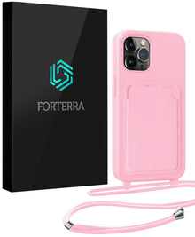 Forterra iPhone 14 Pro Max Hoesje Met Telefoonkoord en Pasjeshouder Siliconen - Lichtroze