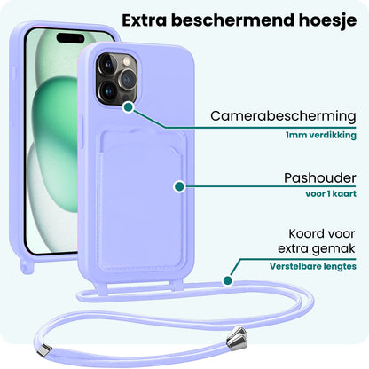 Forterra iPhone 15 Pro Hoesje Met Telefoonkoord en Pasjeshouder Siliconen - Lila