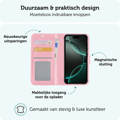 Forterra iPhone 16 Pro Max Hoesje Bookcase Cover met Kaarthouder - Lichtroze