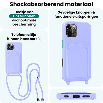 Forterra iPhone 16 Pro Max Hoesje Met Telefoonkoord en Pasjeshouder Siliconen - Lila