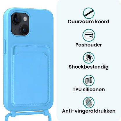 Forterra iPhone 13 Hoesje Met Telefoonkoord en Pasjeshouder Siliconen - Lichtblauw