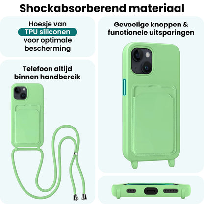 Forterra iPhone 14 Hoesje Met Telefoonkoord en Pasjeshouder Siliconen - Groen