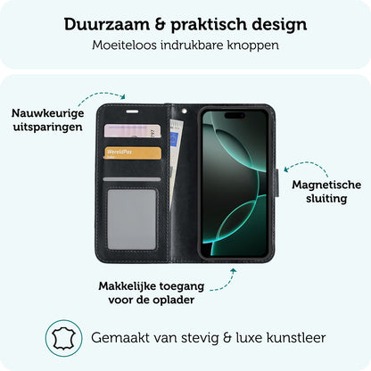 Forterra iPhone 16 Pro Hoesje Bookcase Cover met Kaarthouder - Zwart